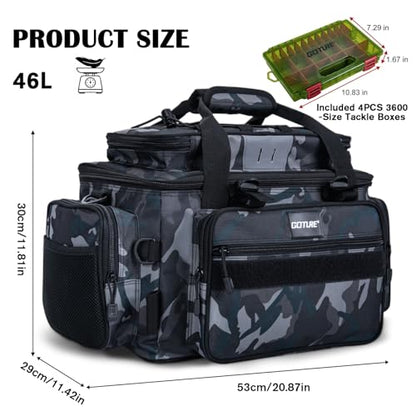 Goture Fishing Tackle Bag with 4pcs 3600 Tackle Boxes, 600D Water-Resistant Soft Side Saltwater Gear Storage Fishing Bag with Rod Straps, Detachable Water Bottle Pouch, Waterproof Bottom, SBS Zippers - color: C2:Camo with 4 3600 Tackle Boxes, size: Large