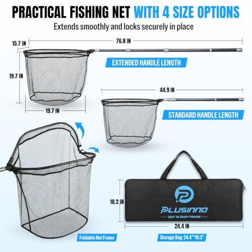 PLUSINNO Large Fishing Net, 3.4-7.7 FT Carbon Fiber Fish Net with Long Telescoping Handle, Kayak Fishing Gear Accessories Foldable Landing Net for Bass, Trout, Catfish, Fishing Gifts for Men Father - size: 6.4 FT (76.8") Full Length
