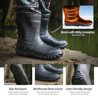 Fishing Waders for Men, Waterproof 4mm Neoprene Hunting Waders, 8mm Reinforced Knees, 800G Insulation Bootfoot