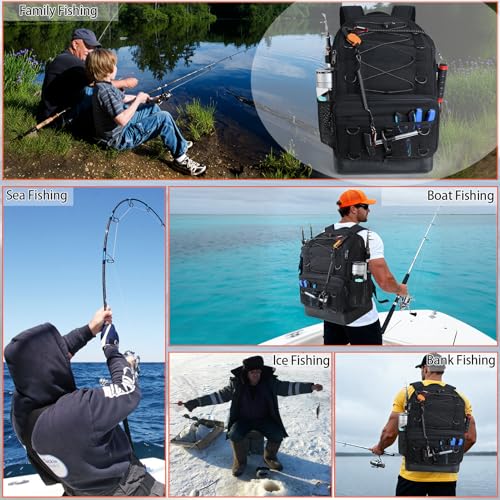 Fishing Backpack with Tackle Boxes and Rod Holder, Cooler, 30L Large Tackle Bag with Fishing Gear Lures Kit, Waterproof Bottom tackle Backpack Fish Set Gifts for Men Women-Black Back Pack - color: All Black