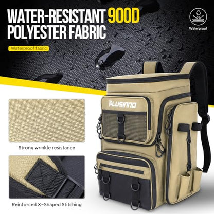 PLUSINNO Fishing Backpack with Rod Holders, 42L Large Water-Resistant Tackle Bag for Fishing, Camping, Hiking, Gifts - Khaki - color: Khaki