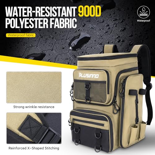 PLUSINNO Fishing Backpack with Rod Holders, 42L Large Water-Resistant Tackle Bag for Fishing, Camping, Hiking, Gifts - Khaki - color: Khaki