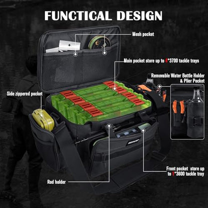 Goture Fishing Tackle Bag with 4pcs 3600 Tackle Boxes, 600D Water-Resistant Soft Side Saltwater Gear Storage Fishing Bag with Rod Straps, Detachable Water Bottle Pouch, Waterproof Bottom, SBS Zippers - color: C2:Black with 4 3600 Tackle Boxes, size: Large