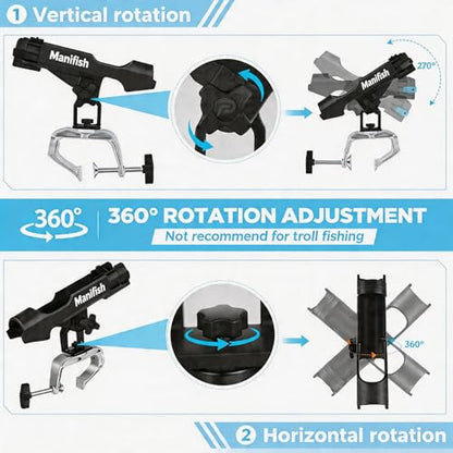 2 Pack Fishing Rod Holders for Kayak & Boat, 360° Swivel Clamp Rod Holder with Enlarged Base, Fits Round Square Tubes, Jon Boat, Canoe, Fishing Accessories - color: Glossy Black