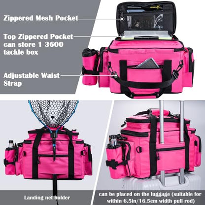 Goture Fishing Tackle Bag with 2pcs 3600 Tackle Boxes, 600D Water-Resistant Soft Side Saltwater Gear Storage Fishing Bag with Rod Straps, Detachable Water Bottle Pouch, Waterproof Bottom, SBS Zippers - color: C1:Pink with 2 3600 Tackle Boxes, size: Large