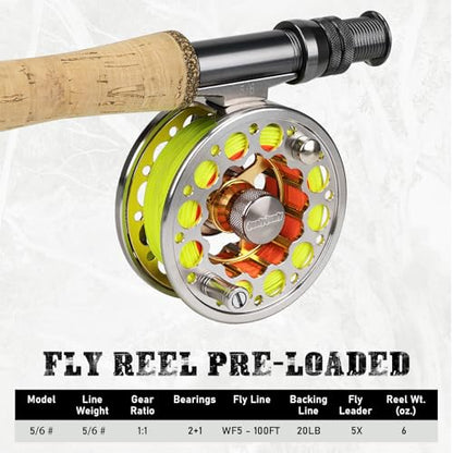 QualyQualy Fly Fishing Combo Starter Kit, 9Ft Fly Rod 4-Piece Graphite Rod with Bag, Accessories, Die Cast Aluminum Pre-Loaded Reel, Chest Pack, Fly Fishng Net & Flies - color: B-5/6-Glod Reel（Rod Case）