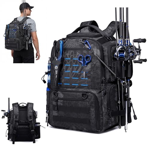 Fishing Tactical Backpack with 2 Rod Holders, Waterproof Tackle Bag with Bottle Holder,50L Extra Large Fishing Bag for Fishing Gear and Equipment, Black Camo - color: Black Camo
