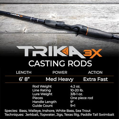 TRIKA 3X Carbon Rod Carbon Weave Rod for Extra Sensitive Vibration | Longer Casting | Lightweight Freshwater Fishing Pole - style: Casting 6'8" Medium Heavy/Xtra Fast 1pc.