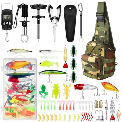Sosation 134 Pcs Fishing Tool Fishing Tackle Box Kit and Equipment for Adults Beginner Gift, Hook Remover, Pliers Kit, Backpack Tackle Container Lures, Lip Gripper, Weigh Scale - color: Jungle Camouflage