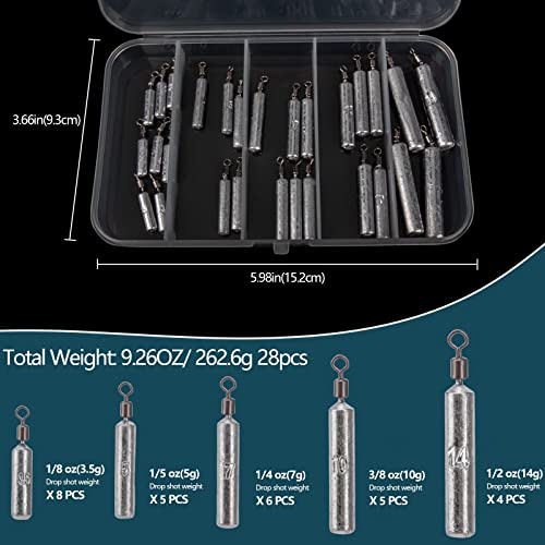 THKFISH Fishing Weights Sinkers Set, 28PCS Fishing Sinker Drop Shot Weights Kit,Drop Shot Rig Wacky Hooks for Saltwater Freshwater Bass Fishing - size: E-28pcs-Slender Shape