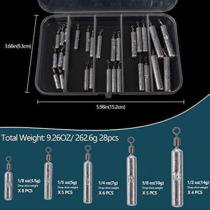 THKFISH Fishing Weights Sinkers Set, 28PCS Fishing Sinker Drop Shot Weights Kit,Drop Shot Rig Wacky Hooks for Saltwater Freshwater Bass Fishing - size: E-28pcs-Slender Shape