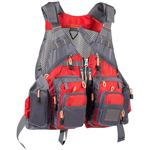 BASSDASH Strap Fishing Vest Adjustable for Men and Women, for Fly Bass Fishing and Outdoor Activities - color: Red