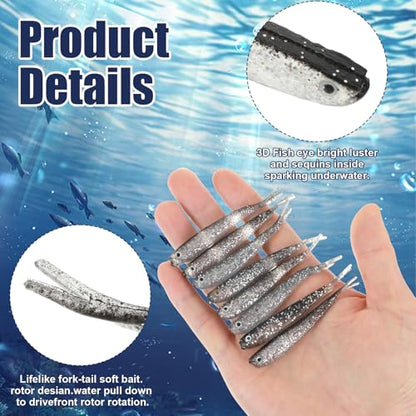 50 PCS Crappie Jigs, Soft Plastic Crappie Lures, Lifelike Forked Tail Minnow Baits, Scented Rubber Lures for Freshwater and Saltwater Bass, Trout, Walleye