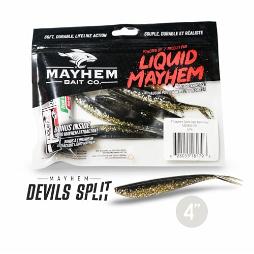 Liquid Mayhem Devils Split 4” – Soft Plastic Lures for Bass & Walleye with Fast Darting Action – Includes Bonus 10ml Attractant – 6 Baits Each Pack - size: 4" Kit - 3 Pack, style: Black Gold