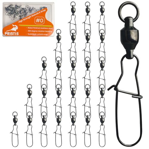 Pristis 25 Pack High Strength Fishing Snap & Swivels, Ball Bearing with Coastlock Snap, Saltwater Corrosion Resistant Connector, Fresh Water Heavy Duty Black Nickel Finish Tackle Kit for Bass Perch - size: #0