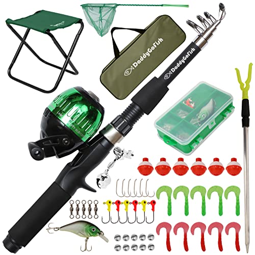 DaddyGoFish Kids Fishing Pole - Rod Reel Combo Tackle Box Starter Set - First Year Small Dock Gear Kit for Boys Girls Toddler Youth Age Beginner Little Children Junior Anglers Older Kids - color: Green