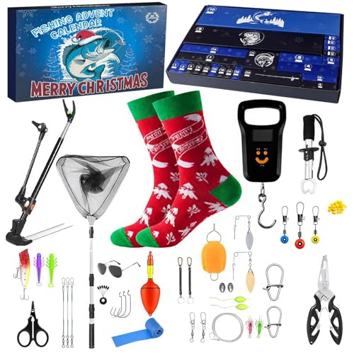 Fishing Advent Calendar 2025 for Men & Teen Boys – 24-Day Christmas Countdown Calendar with Fishing Tools, Lures & Accessories – Fish Lip Gripper, Xmas Gift for Son, Husband, Boyfriend, Brother, Girl