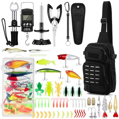 134 Pcs Black Sling Backpack Fishing Kit - All-in-one Tackle Set, Lures, Pliers, Lip Gripper, Scale Fishing Gear and Equipment for Men Adults