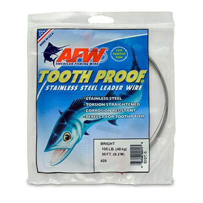 AFW Tooth Proof Stainless Steel Single Strand Hard Leader Wire - Bright and Camo for Shark, Barracuda, King Mackerel, Wahoo, Snook Bite Protection for Toothy Critters, Rigging Baits and Lures - color: Bright, style: #9, 105 Lb Test, 30 Ft