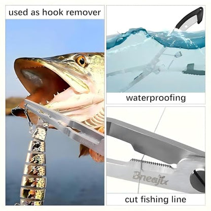 Professional 8.4“ Fishing Plier with Safety Lock and Anti Loss Rope | Multi-function long nose hook remover, line cutter, crimper; rustproof stainless steel for saltwater & freshwater fishing