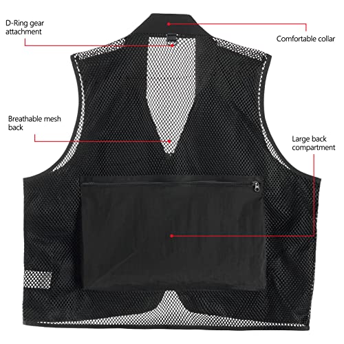BASSDASH Versatile Men's Women's Fishing Photography Vest with Mesh Back 6 Sizes - color: Black, size: X-Large