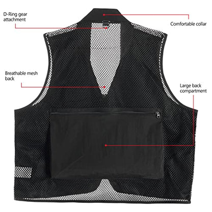 BASSDASH Versatile Men's Women's Fishing Photography Vest with Mesh Back 6 Sizes - color: Black, size: Medium