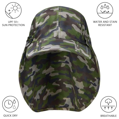 BASSDASH UPF 50+ Foldable Fishing Hat Baseball Cap with Removable Neck Flap Portable for Men Women Golf Hiking - color: Army Green Camo With Foldable Brim