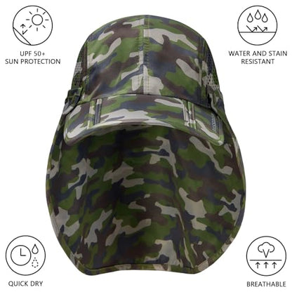 BASSDASH UPF 50+ Foldable Fishing Hat Baseball Cap with Removable Neck Flap Portable for Men Women Golf Hiking - color: Army Green Camo With Foldable Brim