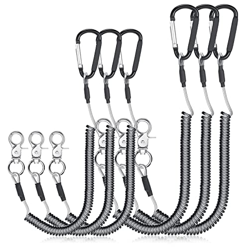 Woanger 6 Pack Fishing Lanyard Steel Wire Coiled Lanyard Tool Lanyards for Hand Tools Kayak Retractable Tool Leash Fishing Rod Safety Lanyards Gear with Alloy Clips for Pliers Boating - color: Black