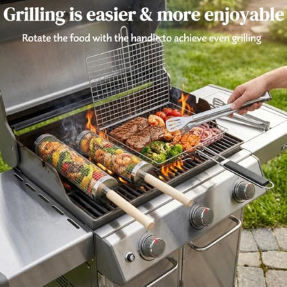 Grill Basket Set Stainless Steel, Rolling BBQ Tools with Removable Wooden Handle, Smoker Grilling Accessories for Fish, Grill Baskets for Outdoor Grill