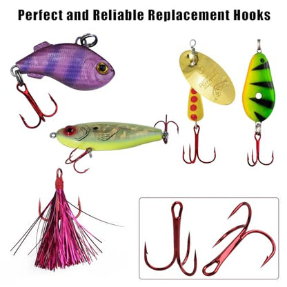 Fishing Treble Hooks Triple Fishing Hooks High Carbon Steel Barbed Sharp Round Bend Treble Hooks Replacement for Hard Lures Bait - color: Red, size: 10#-50pcs
