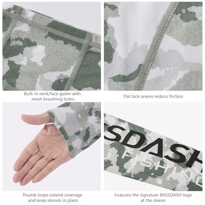 BASSDASH Men’s UPF 50+ Hooded Breathable Camo Shirts with Face Mask Lightweight Neck Gaiter Fishing Hiking Hoodie Shirt FS51M - color: Ash Green Camo, size: Small