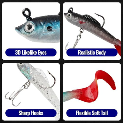Soft Fishing Lures for Bass 6pcs Curly Tail Swimbaits Pre-Rigged Jig Head Baits with Tackle Box for Freshwater Saltwater Trout Crappie Walleye Realistic Action 3D Eyes Sharp Hooks Kit