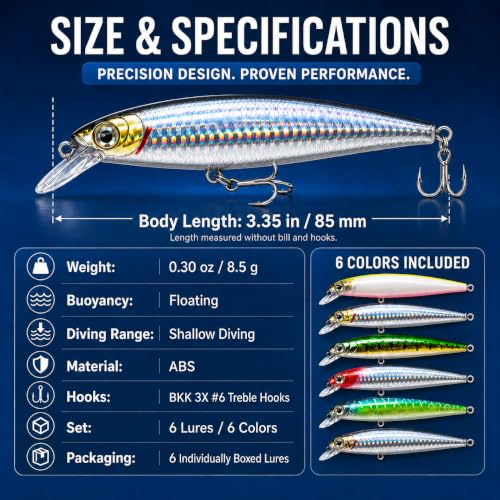 Floating Minnow Fishing Lure, 3.35in 0.30oz ABS Hard Bait with BKK 3X Size 6 Treble Hooks, Weight Transfer Rattle, 1-3ft Shallow Diving Lure for Bass Trout Walleye, Boxed - color: B01-6PCS/0.3OZ-3.35"