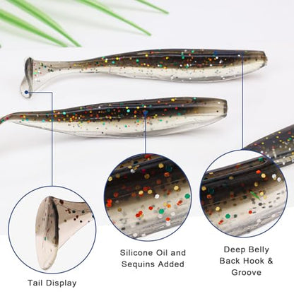 30pcs Soft Plastic Fishing Lures Paddle Tail Swimbaits Soft Baits Lure for Bass Crappie Trout Shad Freshwater Saltwater Fishing Mixed 3.5 Inch 4.7 Inch Swim Bait Kit with Box - color: Black*30