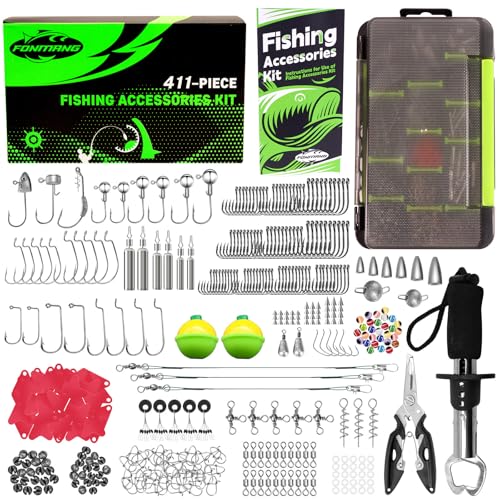 411-Piece Fishing Gear Accessories Kit, [2025 NEW] Tackle Box with Pliers, Fish Lip Grips,Tackle Storage Trays, Hooks, Weights, Jig Heads, Swivels, 21 Pre-Made Rigs – Fishing Gear for Lures Fishing - color: G1-411pcs
