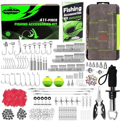 411-Piece Fishing Gear Accessories Kit, [2025 NEW] Tackle Box with Pliers, Fish Lip Grips,Tackle Storage Trays, Hooks, Weights, Jig Heads, Swivels, 21 Pre-Made Rigs – Fishing Gear for Lures Fishing - color: G1-411pcs