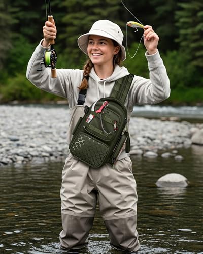 MATEIN Fishing Sling Bag with Phone Pouch, 3600 Tackle Box Backpack | Tackle Bag with Removable Bait Binder, Fishing Bag with Lure Rod Holder, Cooler Compartment, Waterproof, Women Fishing Gifts - color: Olive Green