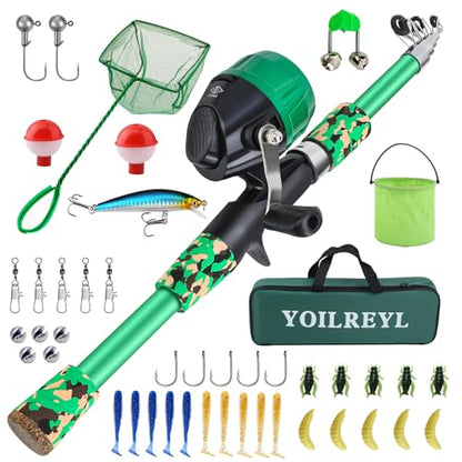 Collapsible Telescopic Fishing Rod and Reel Combo Push Button Small Fishing Pole Kit Beginner Youth Boys Fishing Starter Set Tackle - color: Camo Green, size: 4.92FT