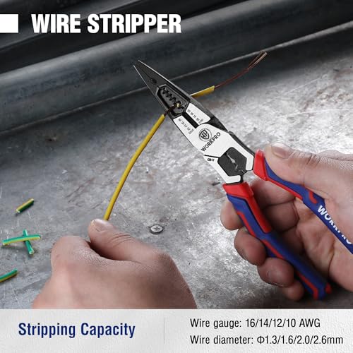WORKPRO 6-in-1 Needle Nose Pliers, 8 Inch Multipurpose Long Nose Pliers with Wire Stripper/Crimper/Cutter Function, Premium Heavy-Duty CRV Steel Hand Tool Plier for Home, Crafts