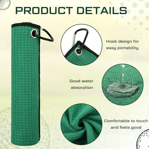 Batiyeer 12 Pcs Golf Towel Bulk for Golf Bags Microfiber Fabric Towel with Clip Waffle Pattern, Fitness, Camping, Hiking, Yoga - color: Dark Green