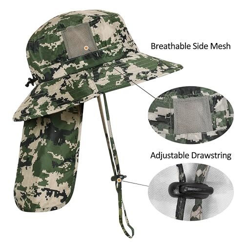 Catalonia Sun Hat for Men,Outdoor Wide Brim Hat with Neck Flap Cover for Fishing Hiking Safari Gardening - color: Digign Camo / Side Mesh