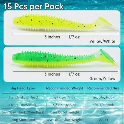 Soft Plastic Paddle Tail Swimbaits Pack of 15 – 3" Soft Plastic Fishing Lures with Extra-Large Tail for Lifelike Swimming Action – Freshwater & Saltwater - color: Yellow-white