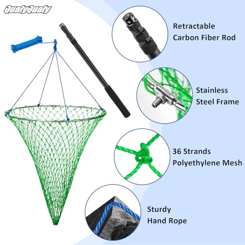 QualyQualy Foldable Pier Fishing Net 23" with Rust-Proof Stainless Steel Ring & Heavy-Duty Poly Mesh | Saltwater & Freshwater Landing Net for Kayak, Bridge Fishing Lightweight Durable Design - color: Green