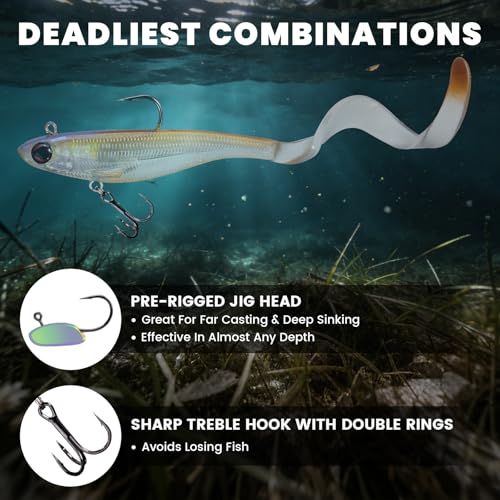 Pre-Rigged Soft Fishing Lures, Easy Catch Swimbaits for Bass Trout | Paddle & Curly Tail, Swim Baits for More Bites, Freshwater & Saltwater Fishing Bait, Crappie Walleye Pike Lures, Value Pack - color: B1-3"-0.31oz