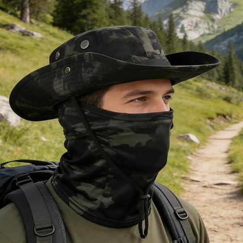 Men Camo Sun Hat Neck Mask Balaclava Set Sun Protection Boonie Fishing Hat Hiking Cycling Outdoor Sport Windproof