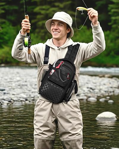 MATEIN Fishing Sling Bag with Phone Pouch, 3600 Tackle Box Backpack | Tackle Bag with Removable Bait Binder, Fishing Bag with Lure Rod Holder, Cooler Compartment, Waterproof, Women Fishing Gifts - color: Black