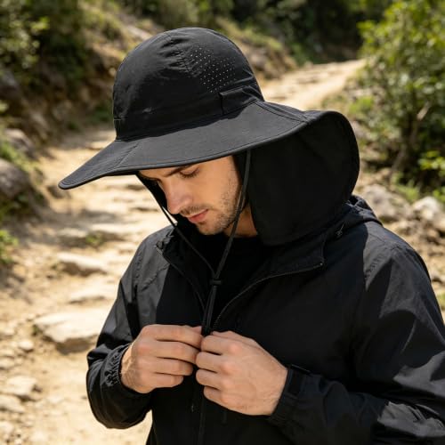 2Pack Sun Hat for Men Women with Neck Flap | UPF 50+ Wide Brim and Ponytail Hole Hiking Fishing Bucket Hat - color: 2pcs-black&gray
