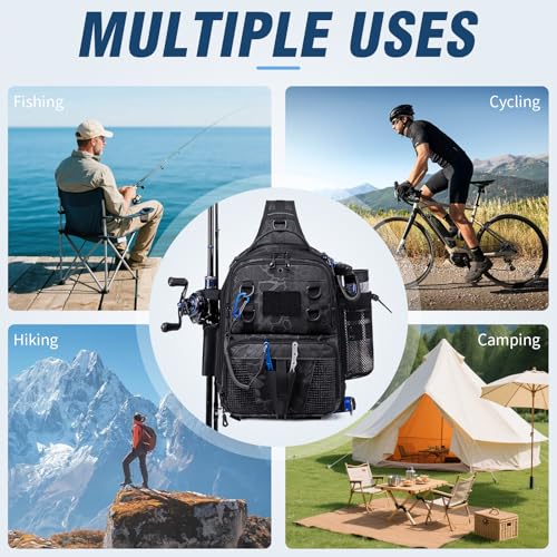 Fishing Bag, Small Fishing Tackle Sling Bag with Rod & Beverage Holder, Convertible Crossbody Shoulder Bag, Fish Gifts for Men Women, Black Camo - color: Black Camo