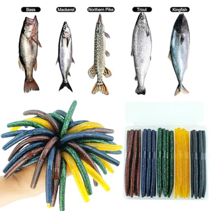Wacky Worm Bass Lures Kit: 40PCS 5" Senko Worms with Storage Box | Slow-Sink Fishing Baits for Freshwater Saltwater